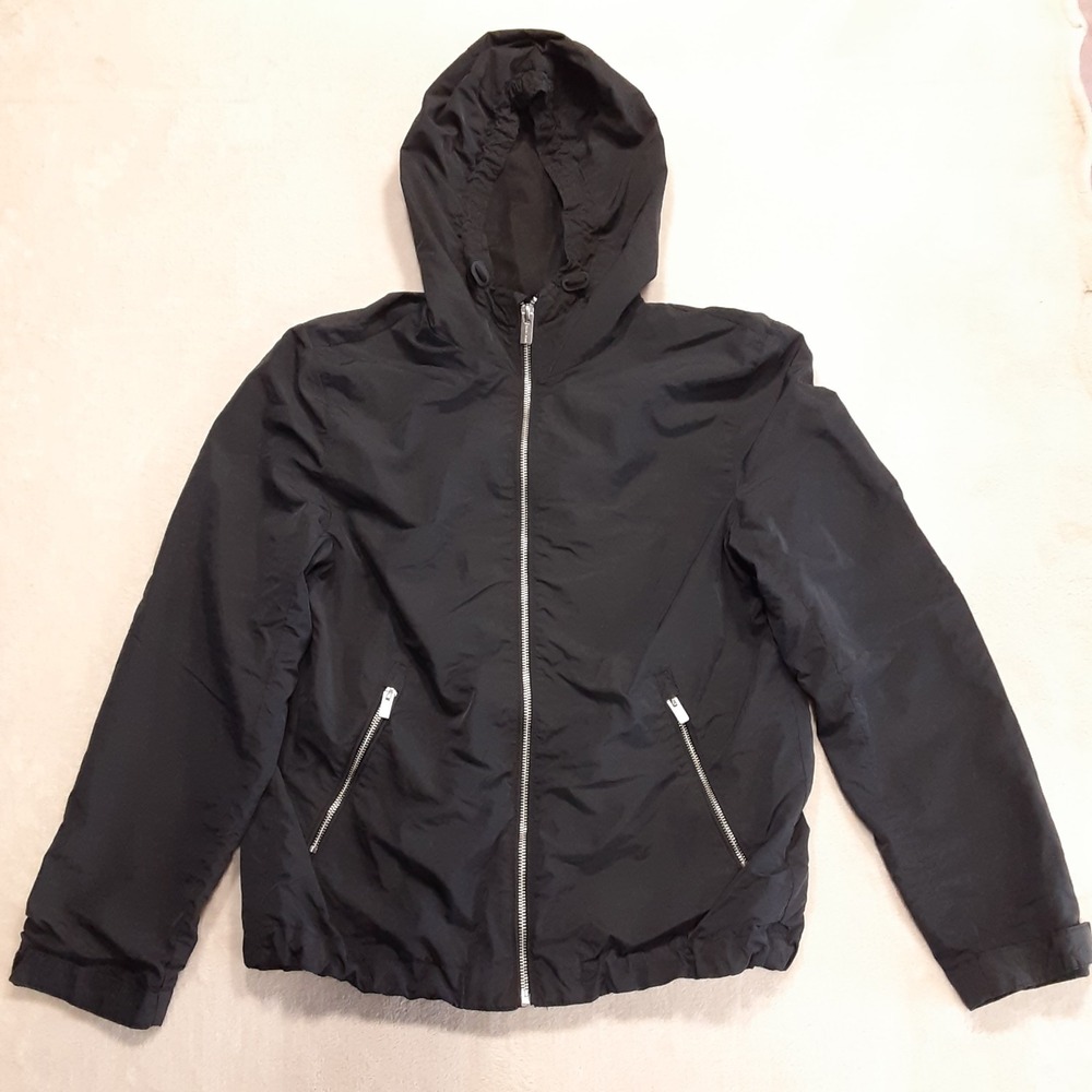 H&M Man Mens Windbreaker Hoodie Jacket Medium Black Full Zip Adjustable Lined